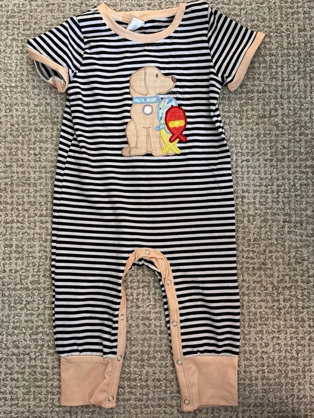 Striped Black & White Baby One-Piece Romper with Puppy Applique